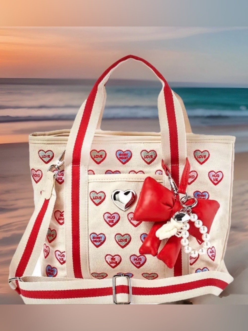 Luv Betsey By Betsey Johnson Badie Canvas Love Tote Charms Hearts Pearl Bow